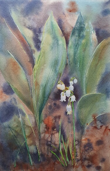 Painting titled "Lily of the valey" by Natasha Sokolnikova, Original Artwork, Watercolor Mounted on Other rigid panel