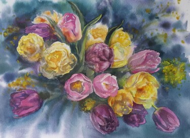 Painting titled "Golden tulips" by Natasha Sokolnikova, Original Artwork, Watercolor Mounted on Cardboard