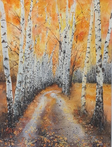 Painting titled "Golden sky" by Natasha Sokolnikova, Original Artwork, Watercolor Mounted on Cardboard