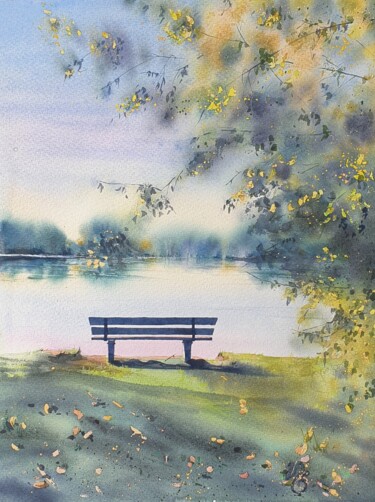 Painting titled "Pond of memories" by Natasha Sokolnikova, Original Artwork, Watercolor