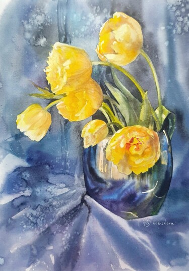 Painting titled "Lemon tulips" by Natasha Sokolnikova, Original Artwork, Watercolor Mounted on Cardboard