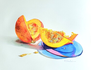 Картина под названием "Pumpkin modern stil…" - Natasha Sokolnikova, Подлинное произведение искусства, Акварель