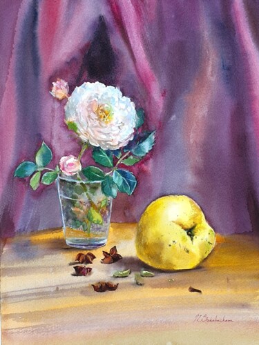 Pintura intitulada "Autumn rose" por Natasha Sokolnikova, Obras de arte originais, Aquarela Montado em Cartão