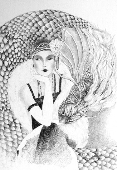 Рисунок под названием "Lady and dragon" - Natasha Sokolnikova, Подлинное произведение искусства, Карандаш Установлен на Дере…