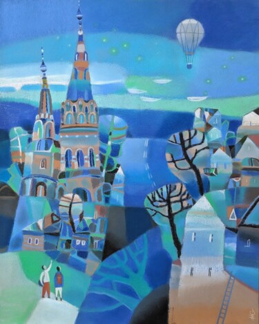 Malerei mit dem Titel "Blue landscape with…" von Natasha Svetelshchuk, Original-Kunstwerk, Pastell