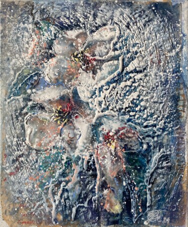 Painting titled "Apple snow" by Natasha Zhukova, Original Artwork, Encaustic Mounted on Wood Stretcher frame