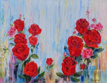 Painting titled "Red Roses" by Nata Shemshur, Original Artwork, Acrylic Mounted on Wood Stretcher frame