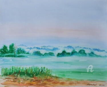 Painting titled "Morning fog summer." by Nata Shemshur, Original Artwork, Watercolor