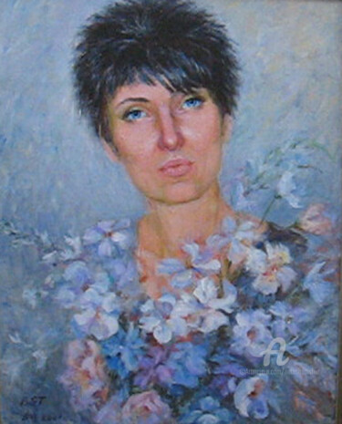 Pintura intitulada "The girl in blue" por Nata Shemshur, Obras de arte originais, Óleo