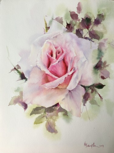 Картина под названием "Pink rose" - Natalia Chebotareva, Подлинное произведение искусства, Акварель