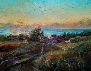 Painting titled "Evening on the hills" by Natalya Timchenko, Original Artwork, Oil Mounted on Wood Stretcher frame