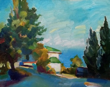 Painting titled "Blue Bay" by Natalya Timchenko, Original Artwork, Oil Mounted on Wood Stretcher frame