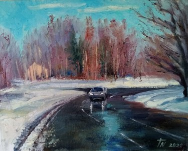 Painting titled "The end of winter" by Natalya Timchenko, Original Artwork, Oil Mounted on Wood Stretcher frame