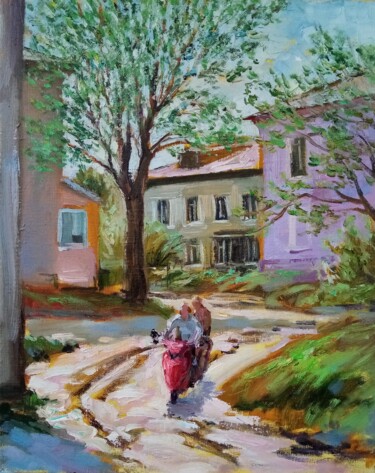 Red bike Painting titled "Red bike" by Natalya Timchenko, Original Art, Oil Mounted on Stretcher frame