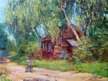 Painting titled "In the village" by Natalya Timchenko, Original Artwork, Oil Mounted on Wood Stretcher frame