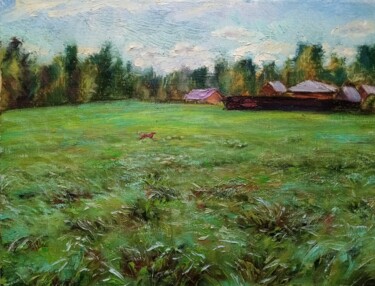 Painting titled "The Green Meadow" by Natalya Timchenko, Original Artwork, Oil Mounted on Wood Stretcher frame