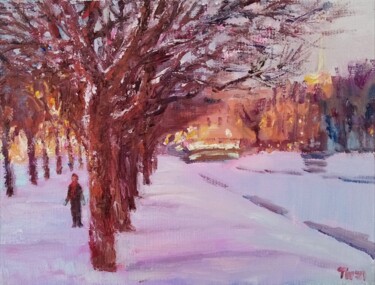 Painting titled "January. Twilight" by Natalya Timchenko, Original Artwork, Oil Mounted on Wood Stretcher frame
