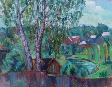 Painting titled "Берёза в начале лета" by Natalya Timchenko, Original Artwork, Oil Mounted on Wood Stretcher frame