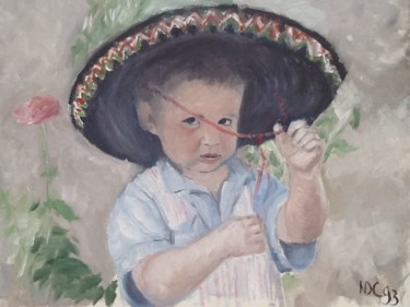 Peinture intitulée "Enfant au chapeau m…" par Nathalie De Courrèges, Œuvre d'art originale, Huile