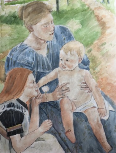 Painting titled "Mère à l’ enfant d’…" by Nathalie De Courrèges, Original Artwork, Watercolor