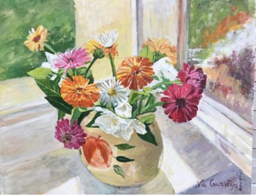 Peinture intitulée "Bouquet de zinnias" par Nathalie De Courrèges, Œuvre d'art originale, Acrylique