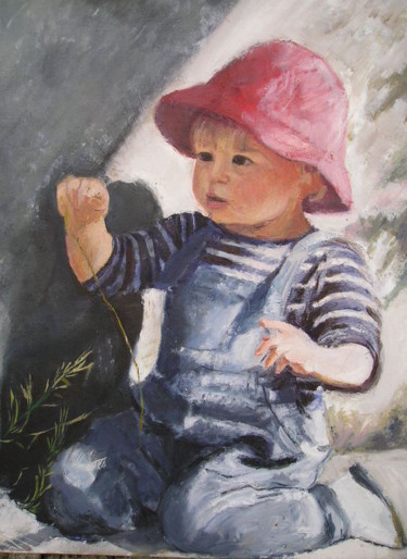Peinture intitulée "enfant au chapeau" par Nathalie De Courrèges, Œuvre d'art originale, Huile