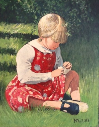 Painting titled "Jeune fille à la ro…" by Nathalie De Courrèges, Original Artwork, Acrylic