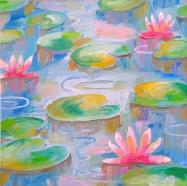 Pintura titulada "Lotus Oil Painting…" por Natelly Gree, Obra de arte original, Oleo Montado en Otro panel rígido
