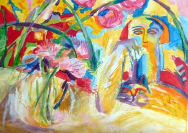 Peinture intitulée ""Fleurs Femme Chat"…" par Nath Chauve Crepel Flory, Œuvre d'art originale, Acrylique