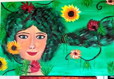Painting titled "Femme fleurs" by Nathalie Absire, Original Artwork, Acrylic Mounted on Wood Stretcher frame
