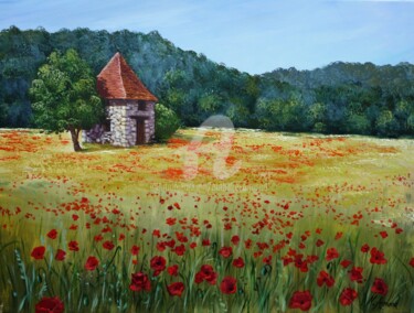 Painting titled "champ de coquelicots" by Nathalie Armand, Original Artwork, Oil