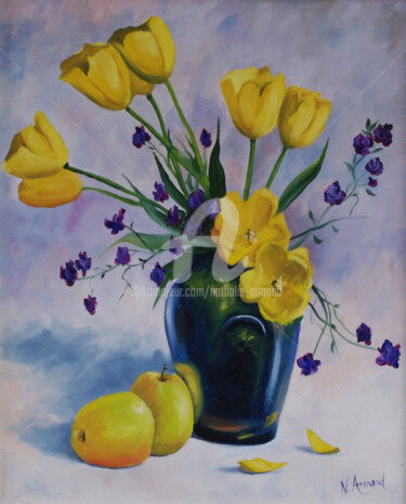 Painting titled "tulipes jaunes" by Nathalie Armand, Original Artwork, Oil