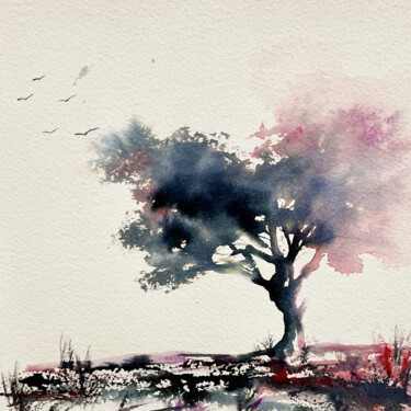Painting titled "Arbre, Série: rouge…" by Nathalie Babolat, Original Artwork, Watercolor Mounted on Cardboard