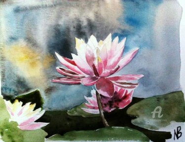 Malerei mit dem Titel "Lotus" von Nathalie Bernad, Original-Kunstwerk, Aquarell