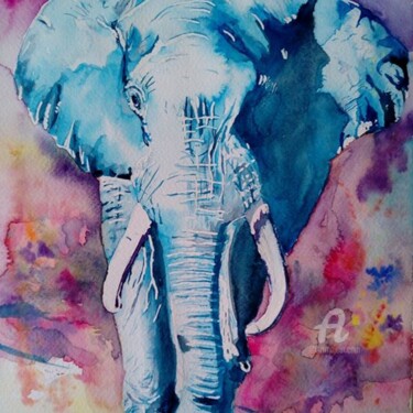 Painting titled "l'éléphant bleu" by Nathalie Bernad, Original Artwork, Watercolor