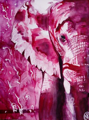 Painting titled "éléphant rose" by Nathalie Bernad, Original Artwork, Watercolor