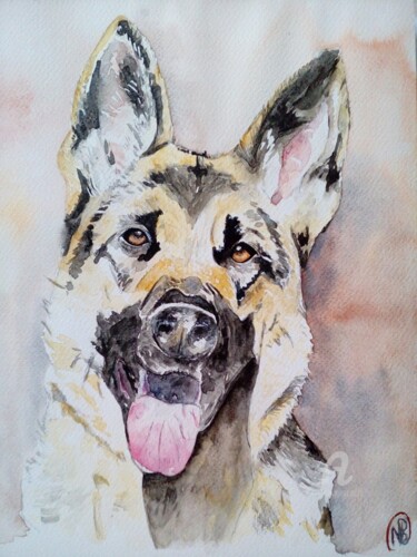 Pintura intitulada "Chien" por Nathalie Bernad, Obras de arte originais, Aquarela