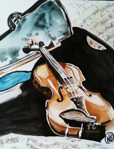 Painting titled "violon" by Nathalie Bernad, Original Artwork, Watercolor