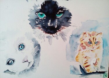 Painting titled "chats" by Nathalie Bernad, Original Artwork, Watercolor