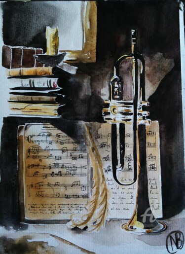 Painting titled "trompette" by Nathalie Bernad, Original Artwork, Watercolor