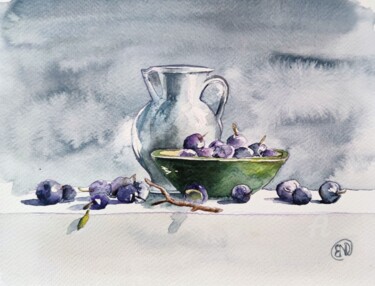 Painting titled "Pour quelques prunes" by Nathalie Bernad, Original Artwork, Watercolor