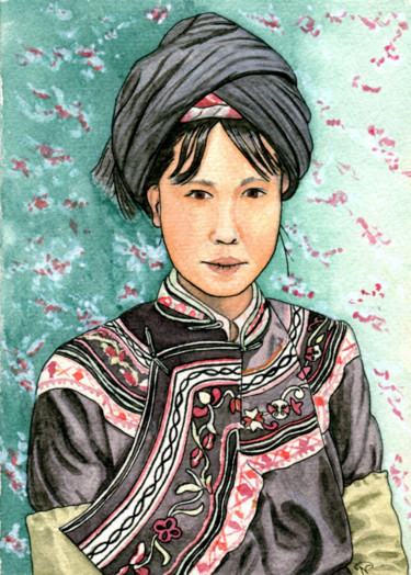 Painting titled "Jeune Yi du Yunnan" by Nathalie Bernard, Original Artwork, Watercolor