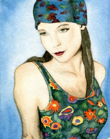 Malerei mit dem Titel "jeune fille au foul…" von Nathalie Bernard, Original-Kunstwerk, Aquarell