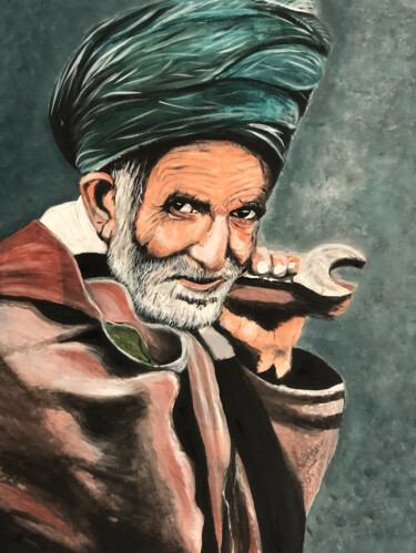 Painting titled "LE VIEIL AFGHAN" by Nathalie Blu, Original Artwork, Acrylic Mounted on Wood Stretcher frame