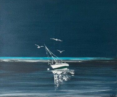 Painting titled "BLUE NIGHT" by Nathalie Blu, Original Artwork, Acrylic Mounted on Wood Stretcher frame