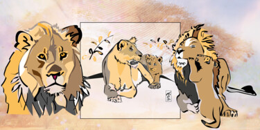 Digital Arts titled "Famille Lions" by Nathalie Bourré (TinaRebou), Original Artwork, 2D Digital Work