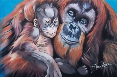 Painting titled "Maman Orang-Outan -…" by Nathalie Bourré (TinaRebou), Original Artwork, Acrylic Mounted on Wood Stretcher f…