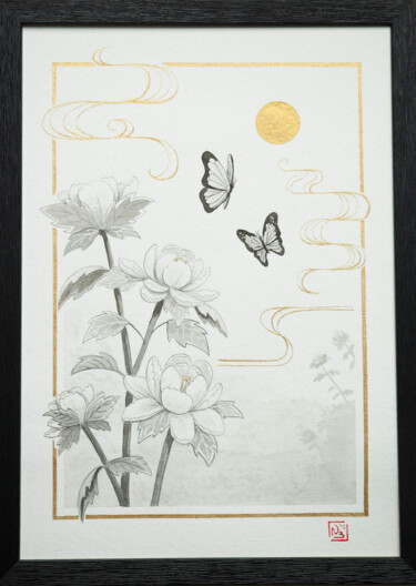 Schilderij getiteld "Pivoines & Papillons" door Nathalie Boyer, Origineel Kunstwerk, Inkt