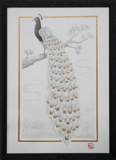 Картина под названием "Paon" - Nathalie Boyer, Подлинное произведение искусства, Чернила