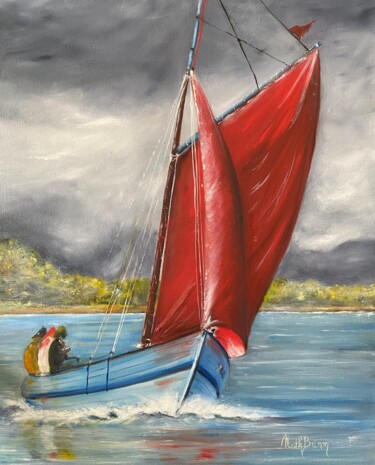 Painting titled "La voile rouge" by Nathalie Brinon, Original Artwork, Oil Mounted on Wood Stretcher frame